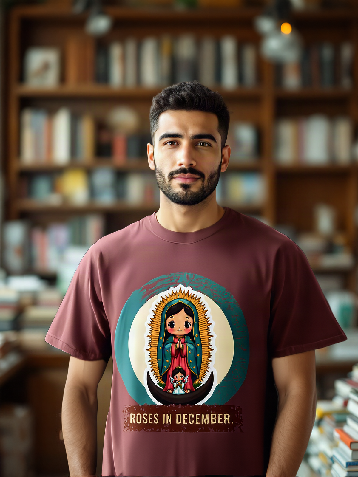 Mockup: AI-generated photo of the design worn by a model. The real shirt is printed to order; colours may vary slightly.