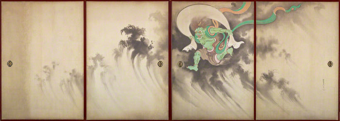 19th-century sliding-door painting of Fūjin, green-skinned with a wind bag and ribbons, among ink-wash storm clouds.