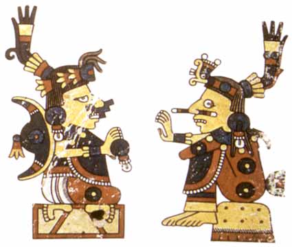 Xochiquetzal faces Xochipilli in a codex painting, showing the paired deities of flowers, pleasure and spring.