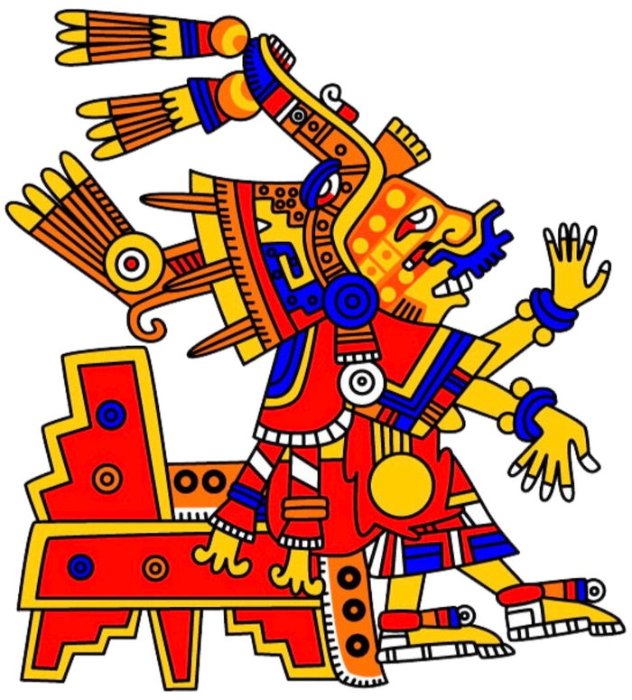 Xochiquetzal as drawn in the Codex Borgia, shown with a feathered headdress and gesturing hands.