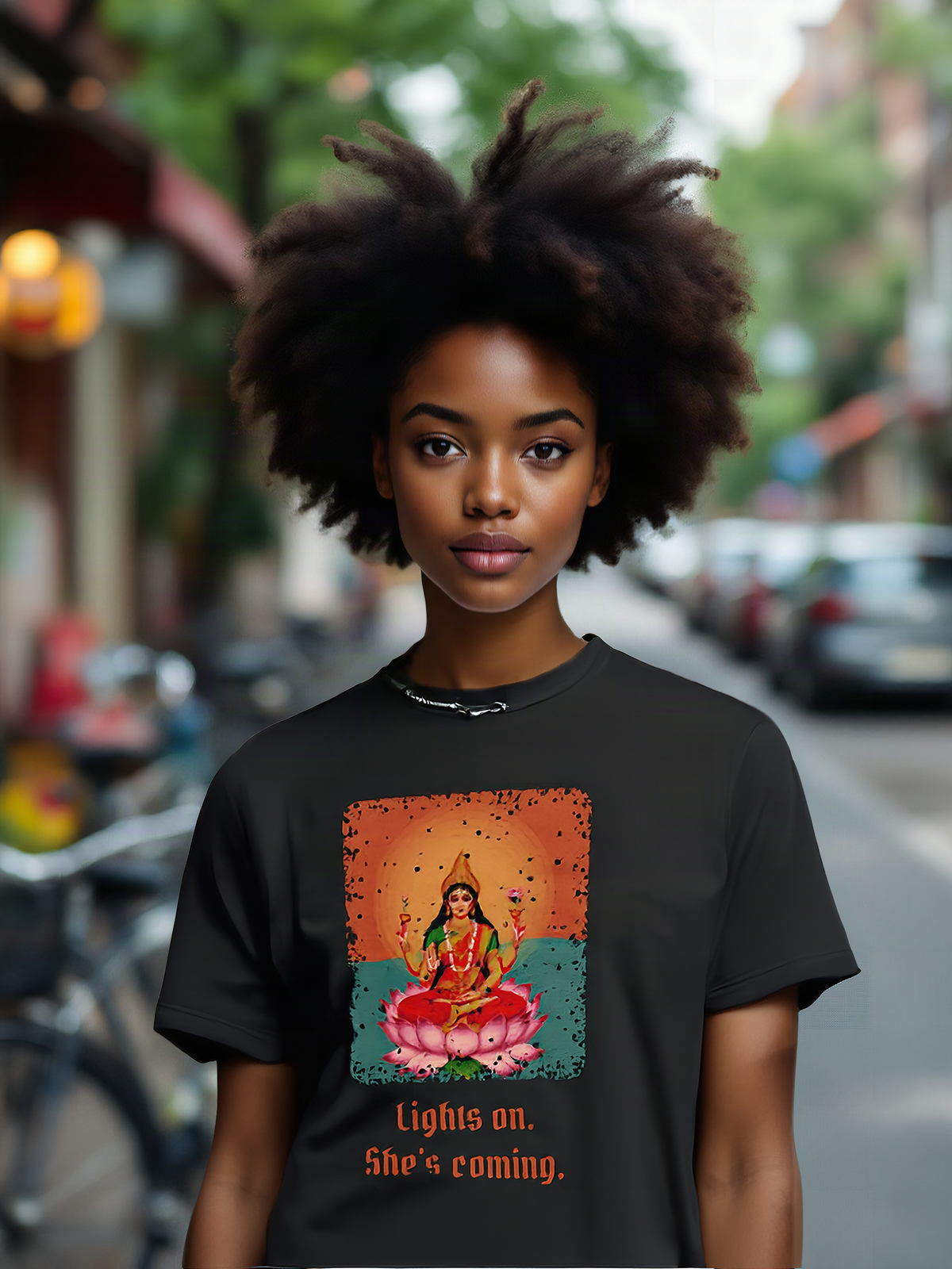 Mockup: AI-generated photo of the design worn by a model. The real shirt is printed to order; colours may vary slightly.