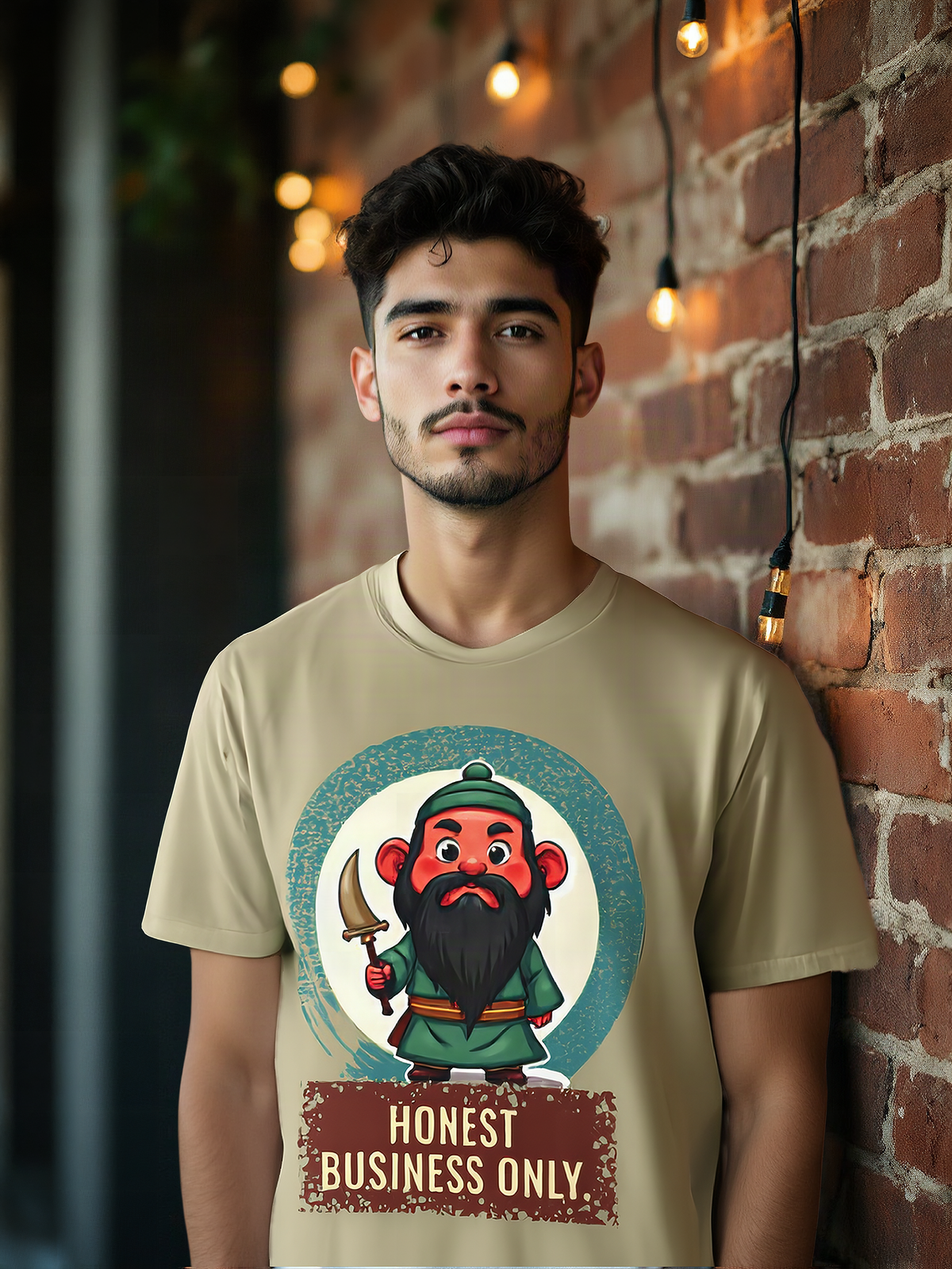 Mockup: AI-generated photo of the design worn by a model. The real shirt is printed to order; colours may vary slightly.