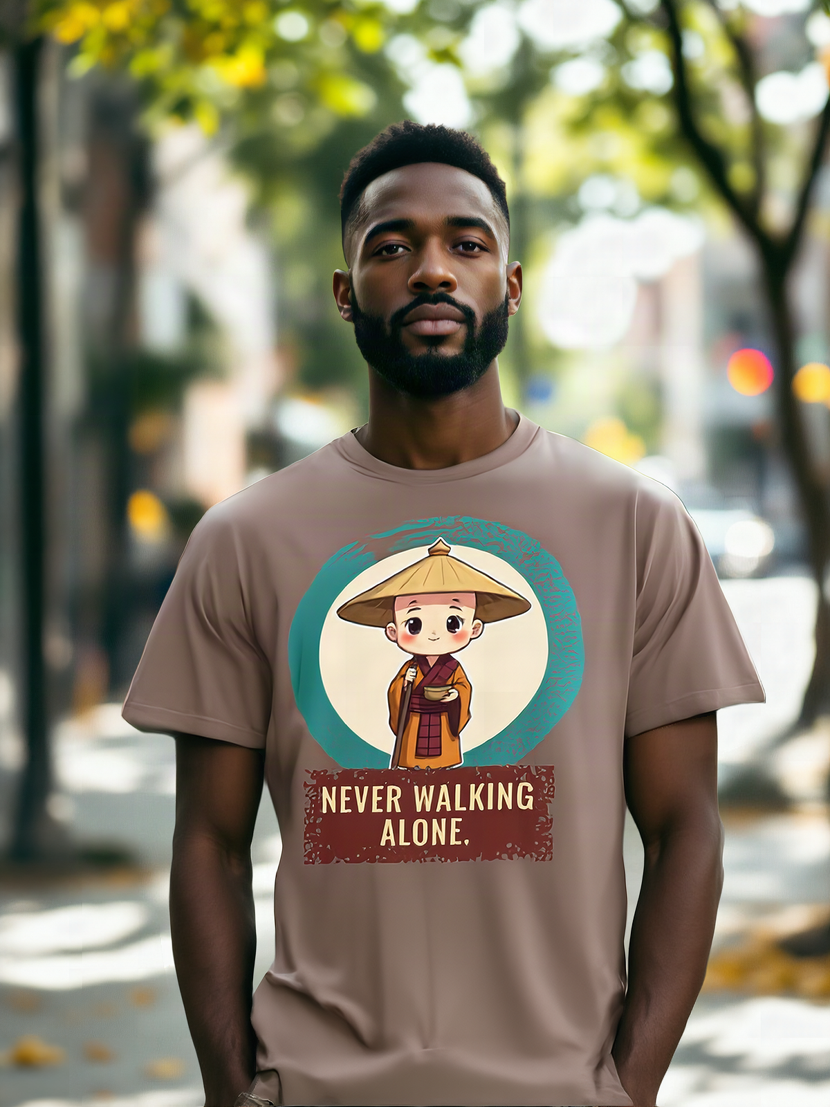 Mockup: AI-generated photo of the design worn by a model. The real shirt is printed to order; colours may vary slightly.