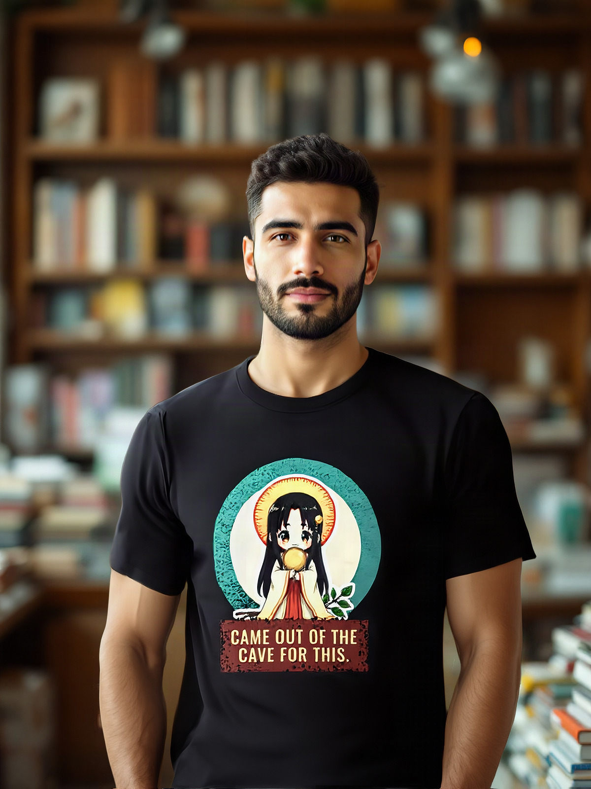 Mockup: AI-generated photo of the design worn by a model. The real shirt is printed to order; colours may vary slightly.