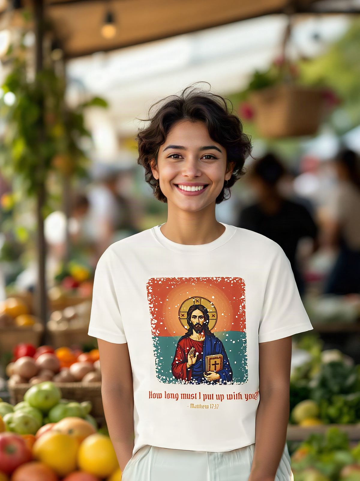 Mockup: AI-generated photo of the design worn by a model. The real shirt is printed to order; colours may vary slightly.