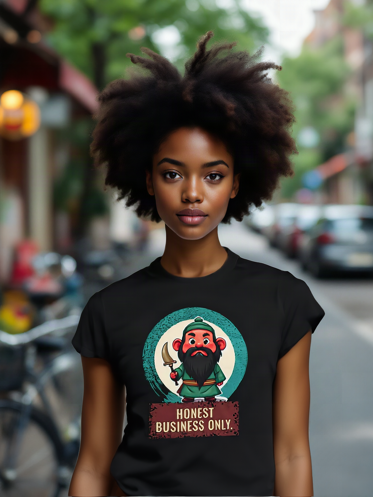 Mockup: AI-generated photo of the design worn by a model. The real shirt is printed to order; colours may vary slightly.