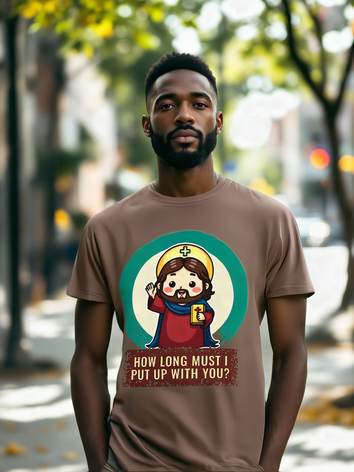 Mockup: AI-generated photo of the design worn by a model. The real shirt is printed to order; colours may vary slightly.