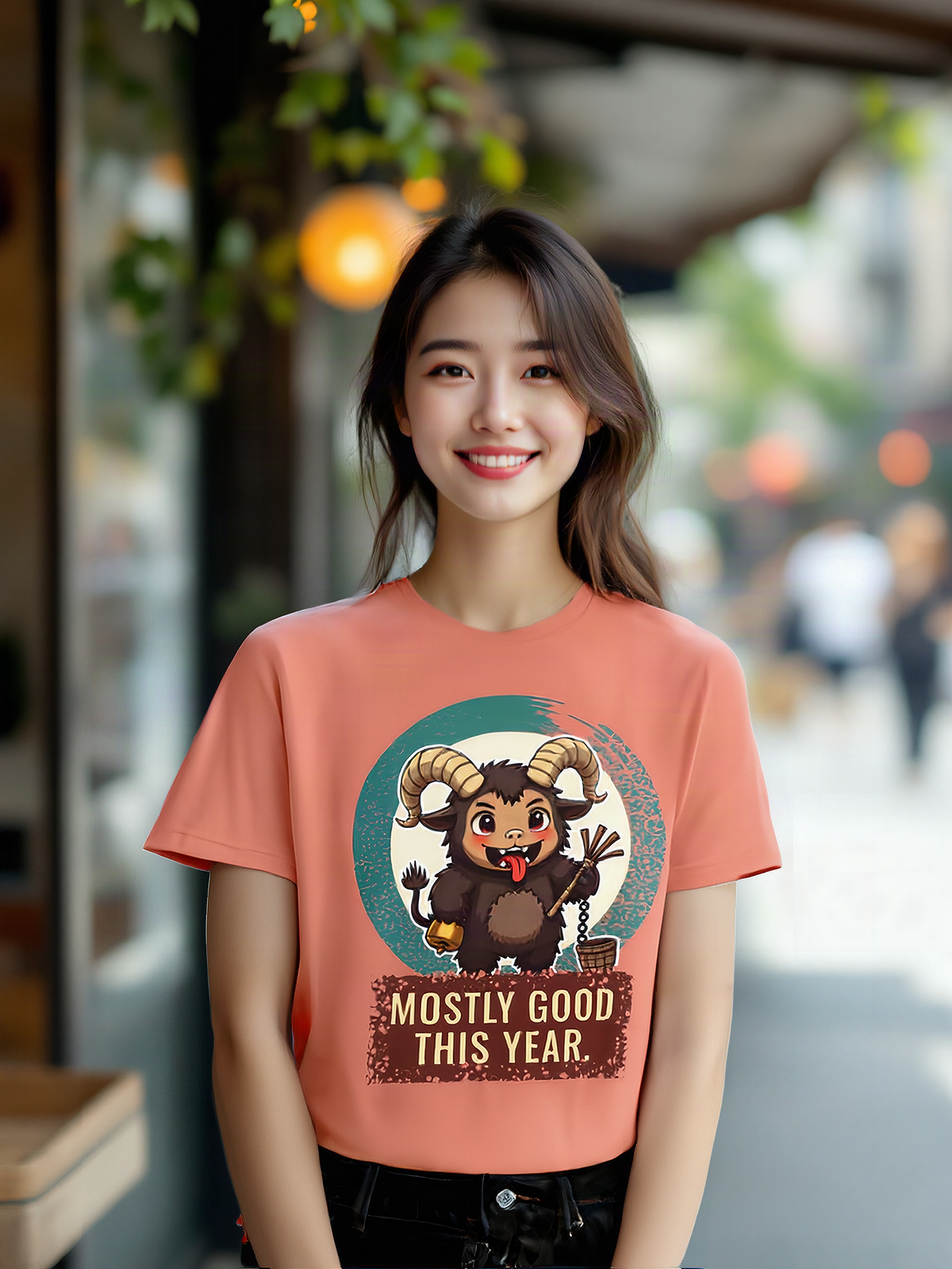 Mockup: AI-generated photo of the design worn by a model. The real shirt is printed to order; colours may vary slightly.