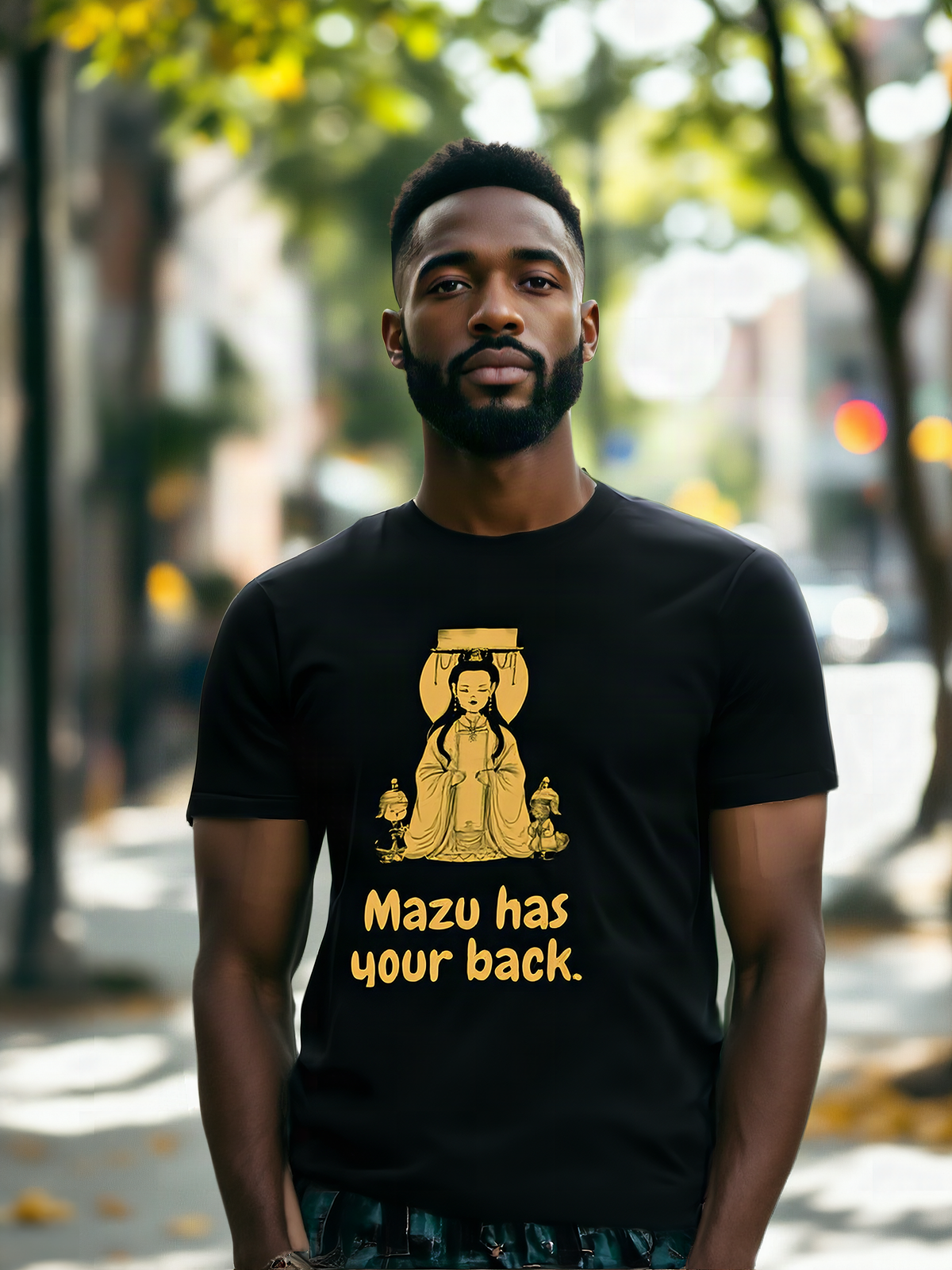 Mockup: AI-generated photo of the design worn by a model. The real shirt is printed to order; colours may vary slightly.