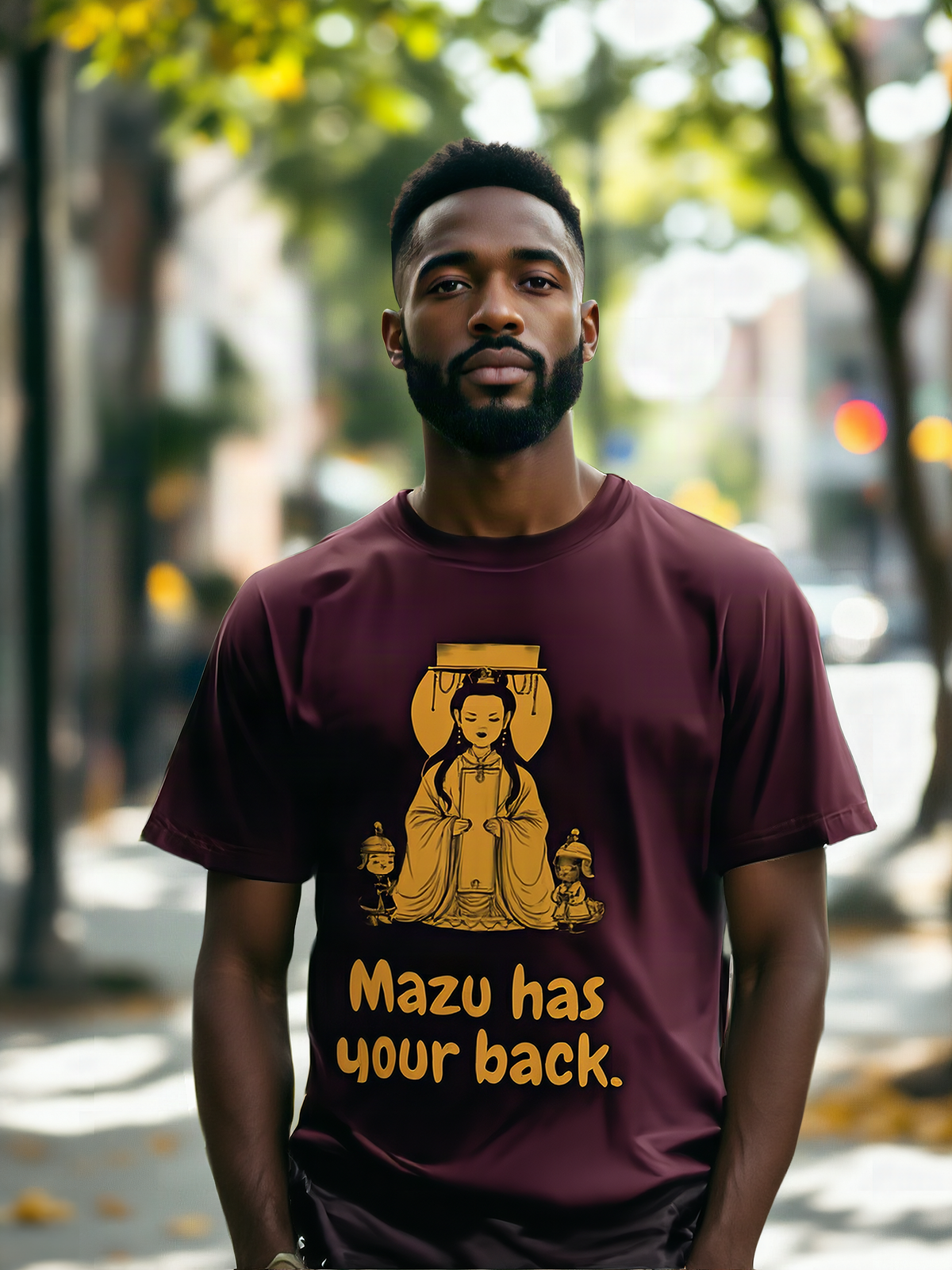 Mockup: AI-generated photo of the design worn by a model. The real shirt is printed to order; colours may vary slightly.