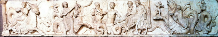 Relief of Poseidon and Amphitrite in a marine procession with sea creatures and Nereid-like companions.