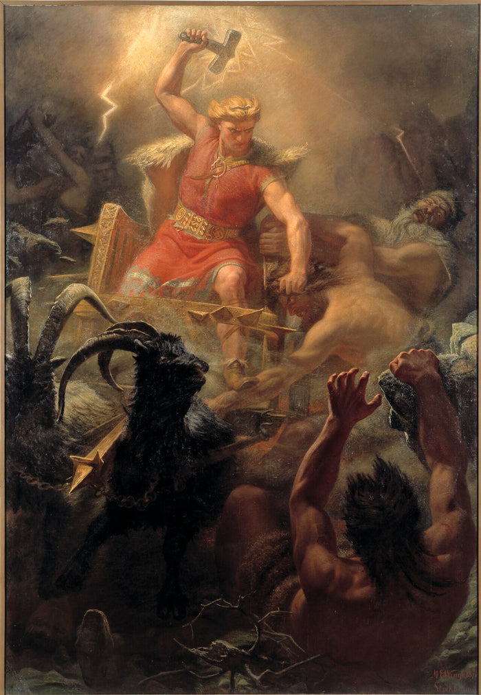 1872 painting of Thor raising his hammer Mjölnir in his goat-drawn chariot, battling giants amid lightning.