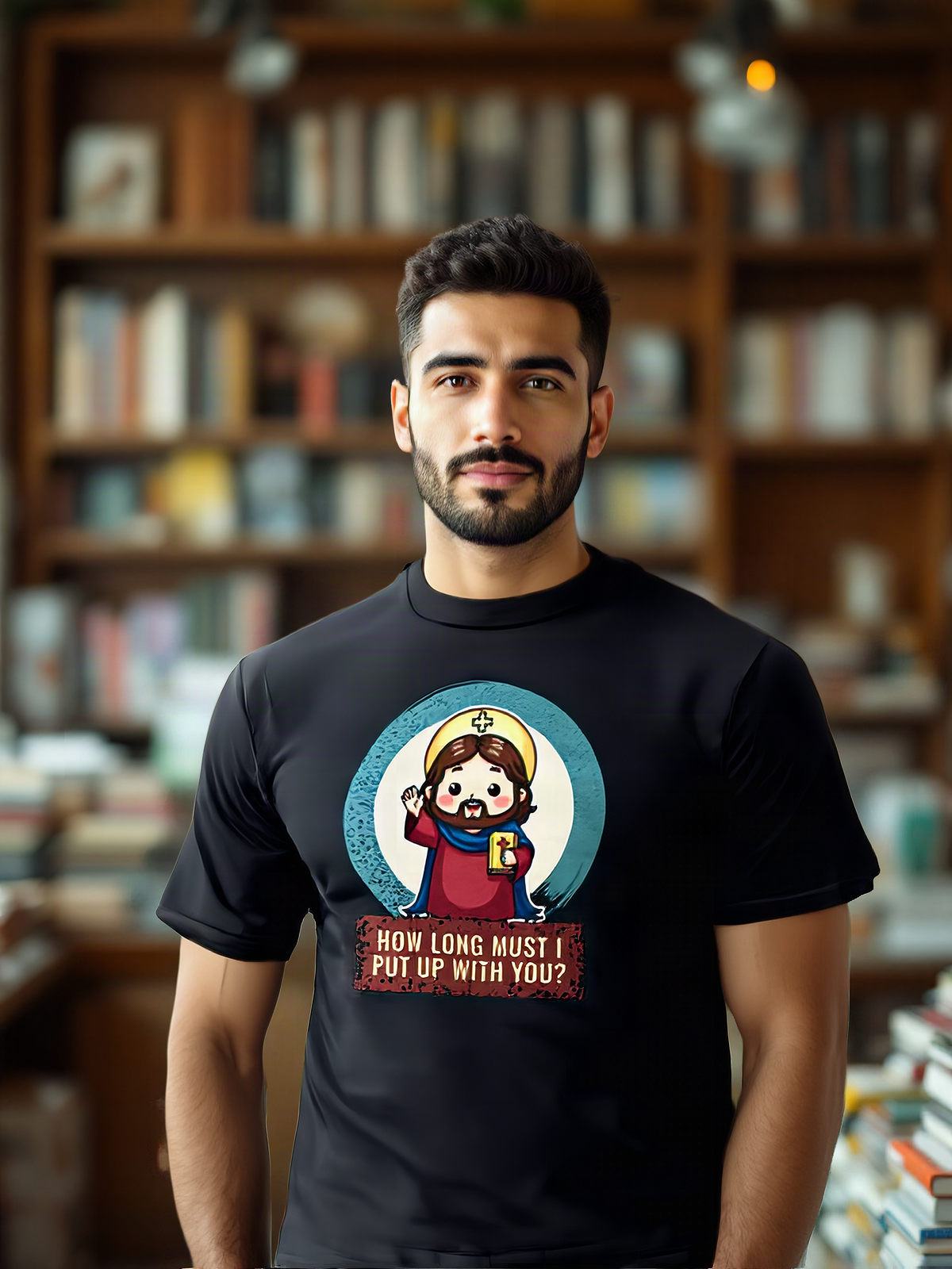 Mockup: AI-generated photo of the design worn by a model. The real shirt is printed to order; colours may vary slightly.