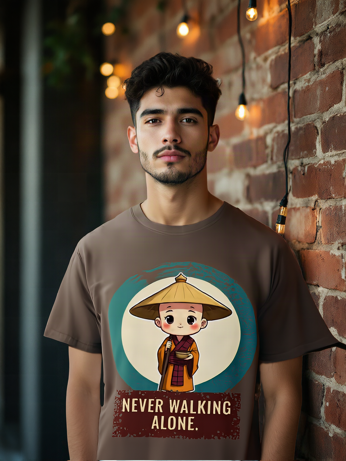 Mockup: AI-generated photo of the design worn by a model. The real shirt is printed to order; colours may vary slightly.