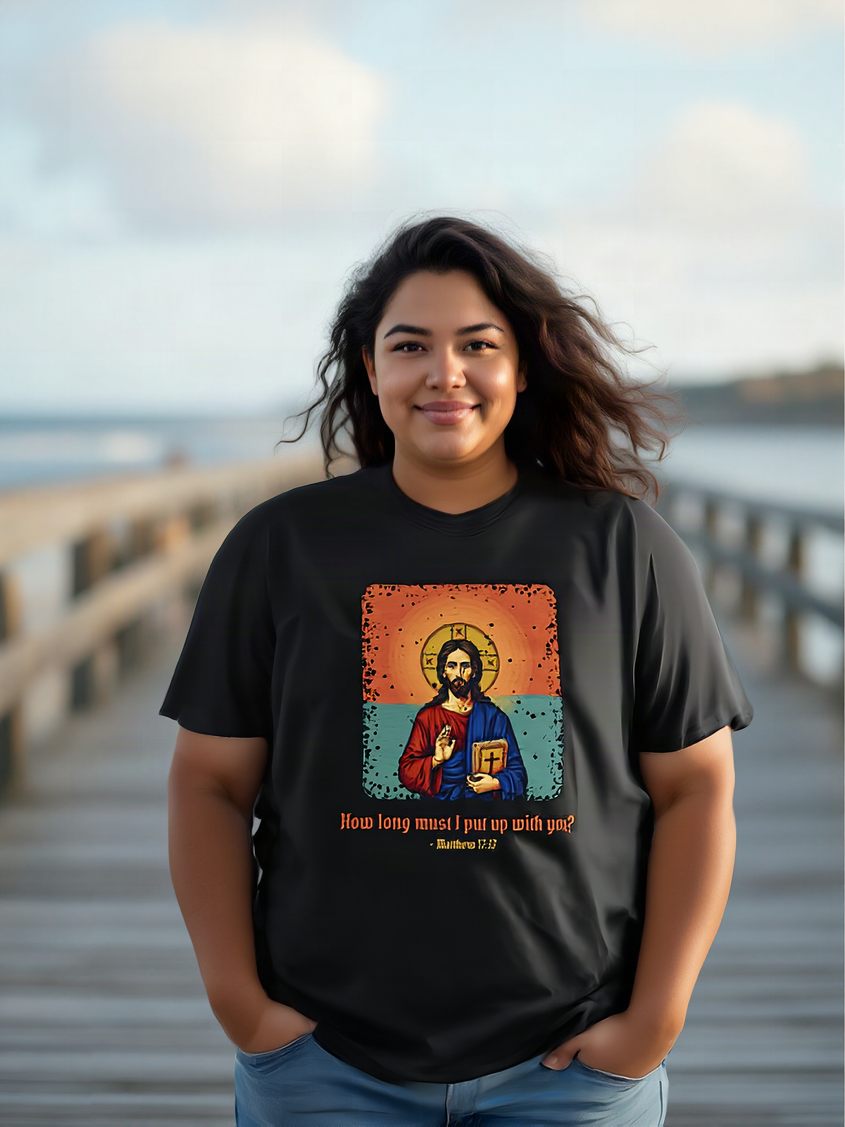 Mockup: AI-generated photo of the design worn by a model. The real shirt is printed to order; colours may vary slightly.