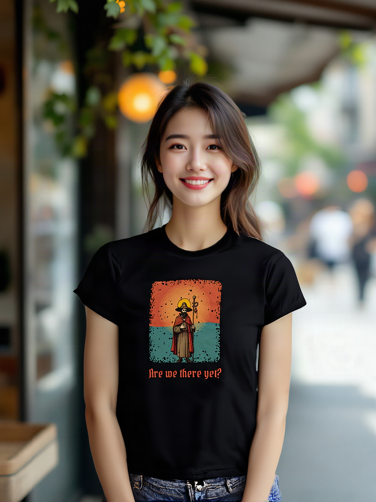 Mockup: AI-generated photo of the design worn by a model. The real shirt is printed to order; colours may vary slightly.