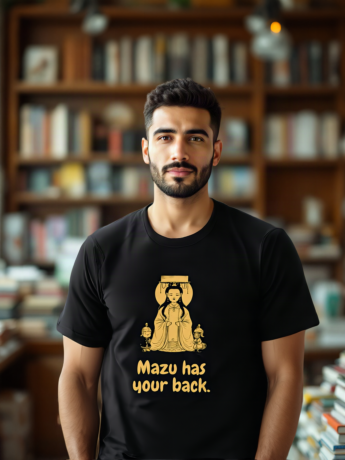 Mockup: AI-generated photo of the design worn by a model. The real shirt is printed to order; colours may vary slightly.