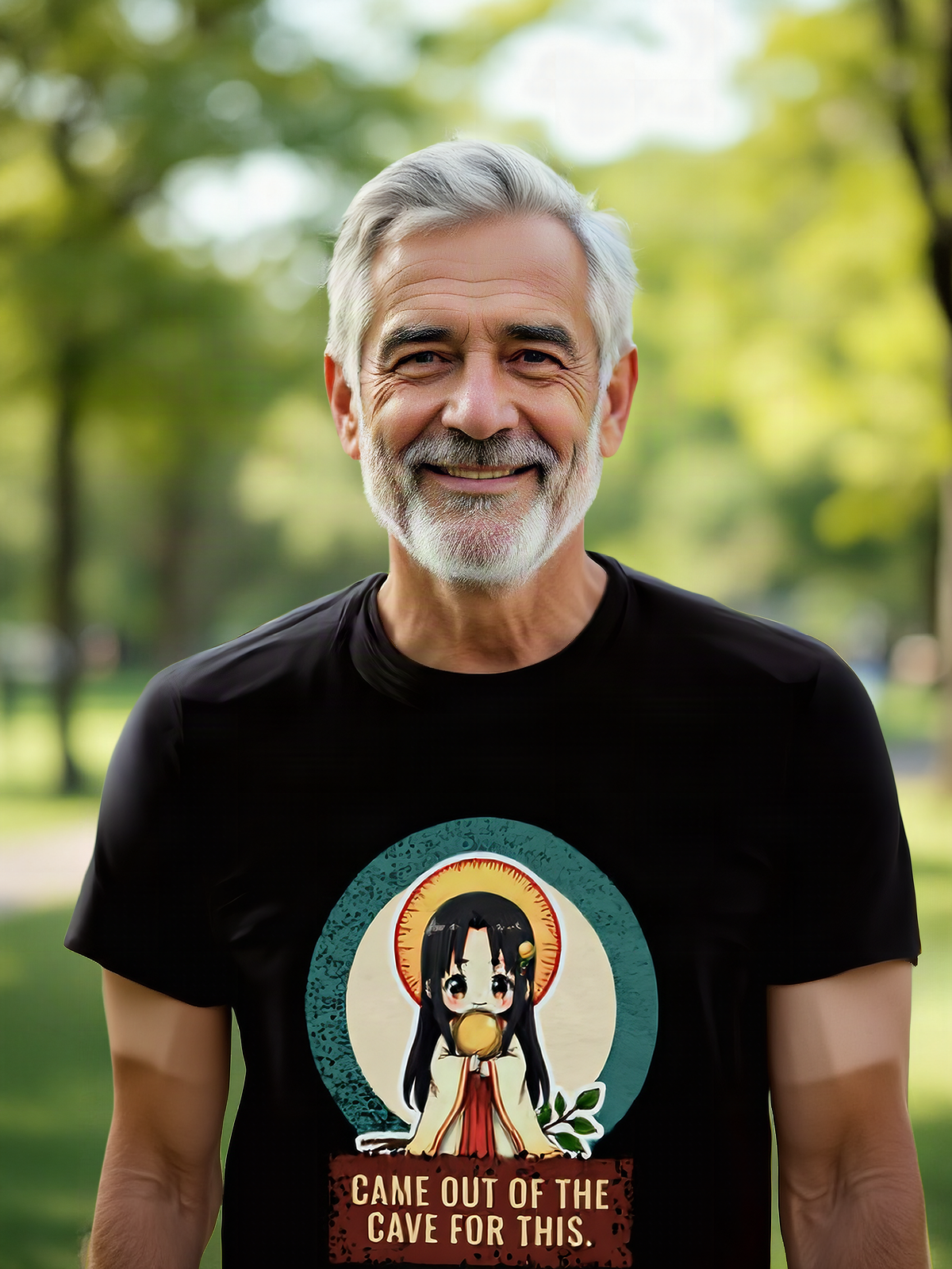 Mockup: AI-generated photo of the design worn by a model. The real shirt is printed to order; colours may vary slightly.