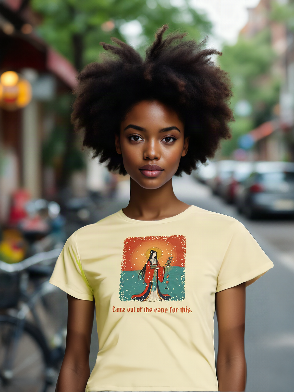 Mockup: AI-generated photo of the design worn by a model. The real shirt is printed to order; colours may vary slightly.